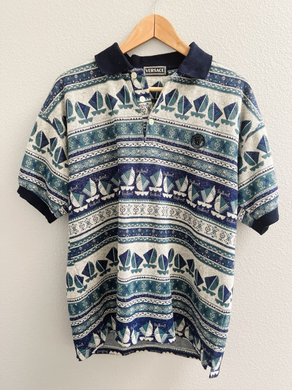Vintage Versace Nautical Sailboat Pattern Polo Shirt